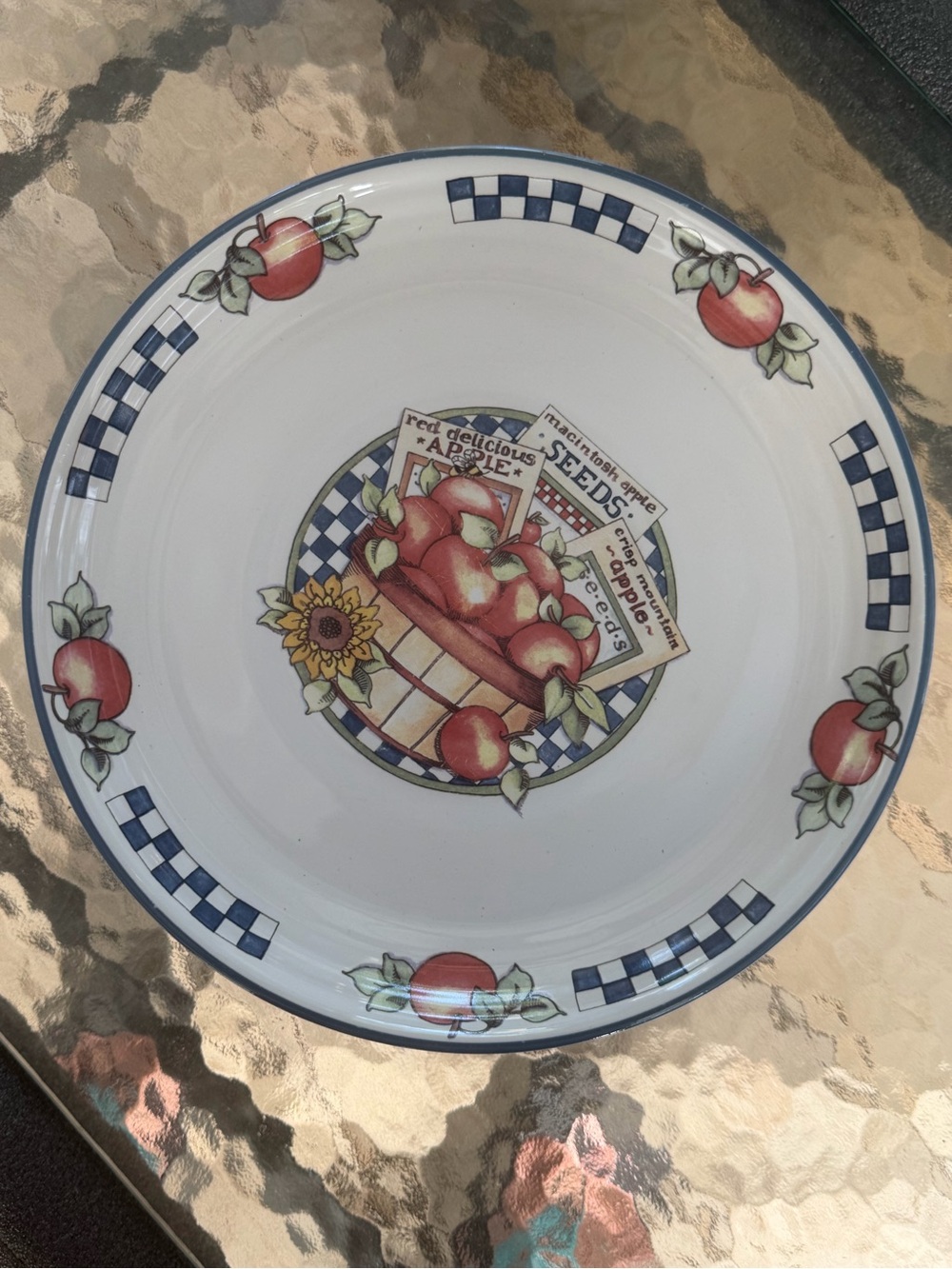 two 11.25" round dinner plates Apple Time from International Tableworks